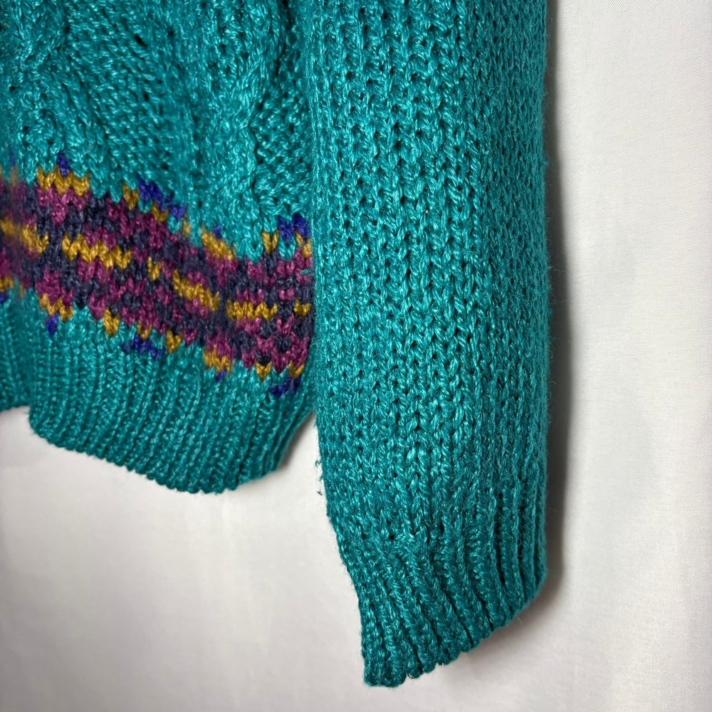 Vintage Jamie Scott Hand Knit Teal Fair Isle Sweater Mock Neck Heavy Ramie Large - Picture 7 of 9